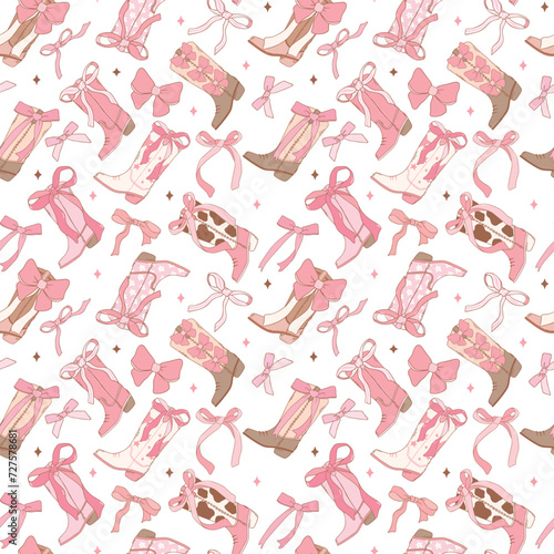 Coquette Pink cowgirl Boots pattern seamless, Girly Western Digital Paper isolated on white background.