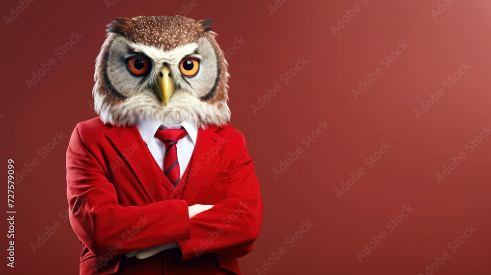 Wise Owl Mentor in Scholarly Splendor: Anthropomorphic Avian Elegance in Human Form, Confidently Standing in Graceful Attire Wise Owl Mentor in Scholarly Splendor: Anthropomorphic Avian Elegance in Human Form, Confidently Standing in Graceful Attire