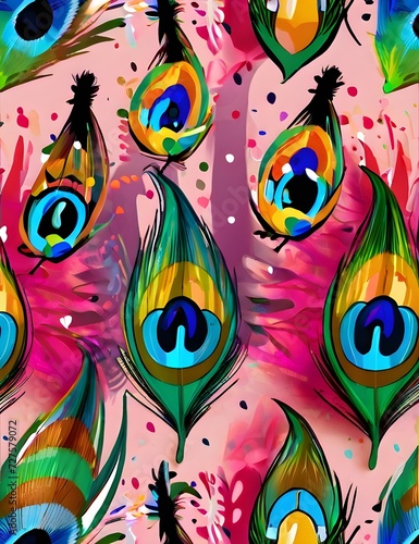 Colorful Peacock Feathers Wallpaper, A Carnival-Inspired Wallpaper of Peacock Plumes and Confetti Magic Generative AI © Burhan