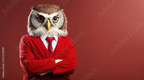 Wise Owl Mentor in Scholarly Splendor: Anthropomorphic Avian Elegance in Human Form, Confidently Standing in Graceful Attire © Graphic Ledger