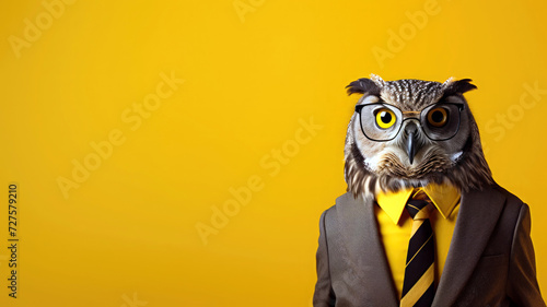Avian Elegance: Anthropomorphic Owl, Dressed in Scholarly Garments, Radiates Confidence and Wisdom, Ample Copy Space