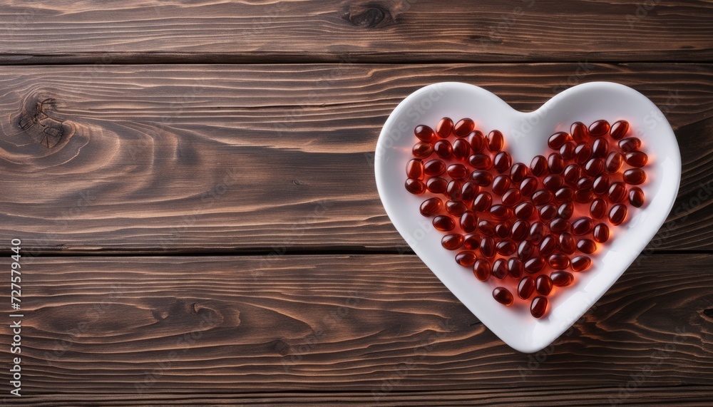 A heart shaped plate with red beads on a wooden table A heart shaped plate with red beads on a wooden table