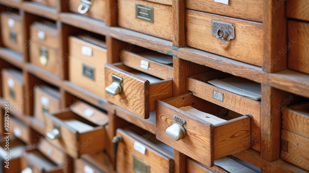 a view of wooden drawers files in an office, for projects related to corporate organization, administrative tasks, and the importance of a well-managed office environment a view of wooden drawers files in an office, for projects related to corporate organization, administrative tasks, and the importance of a well-managed office environment