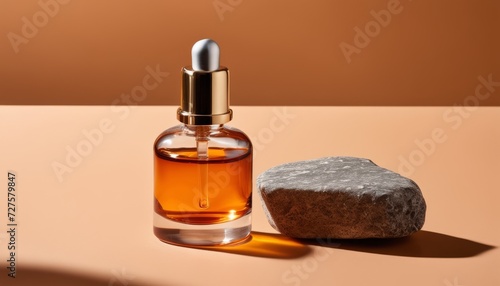A bottle of perfume and a rock on a table