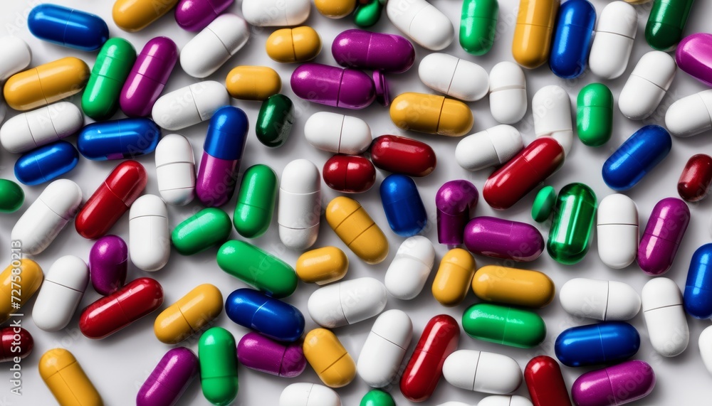 A pile of colorful pills on a white background A pile of colorful pills on a white background