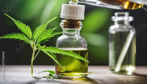 A bottle of oil with a green plant on top of it photo