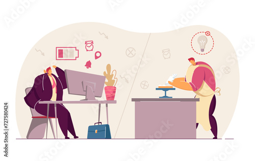 Man working on computer in office and baking cake during off-duty hours. Vector illustration. Man working multiple and part-time jobs. Occupation, hobby, work concept
