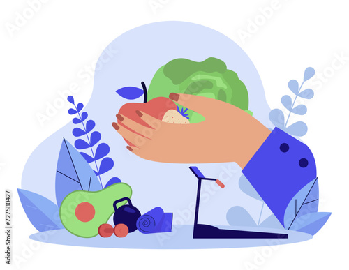 Plump womans hands holding vegetables and fruit vector illustration. Woman keeping low-carb and plant-based diets and losing weight. Diet, weight loss, healthy food concept 