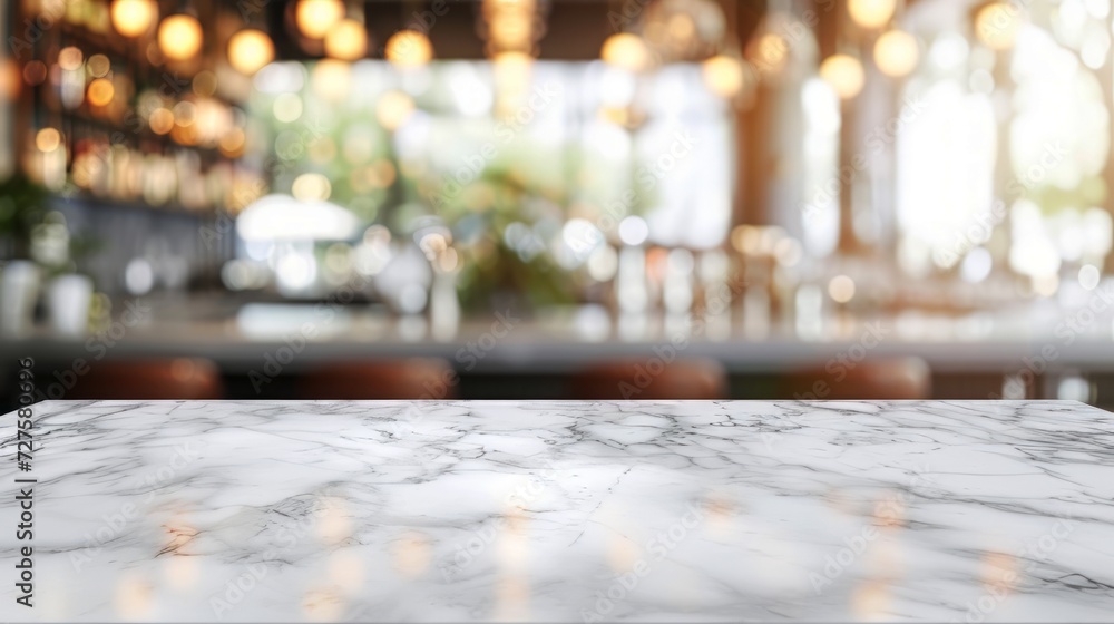 White marble tabletop over blur perspective restaurant with bokeh light background. Marble counter with copy space for montage product display or presents. White marble tabletop over blur perspective restaurant with bokeh light background. Marble counter with copy space for montage product display or presents.
