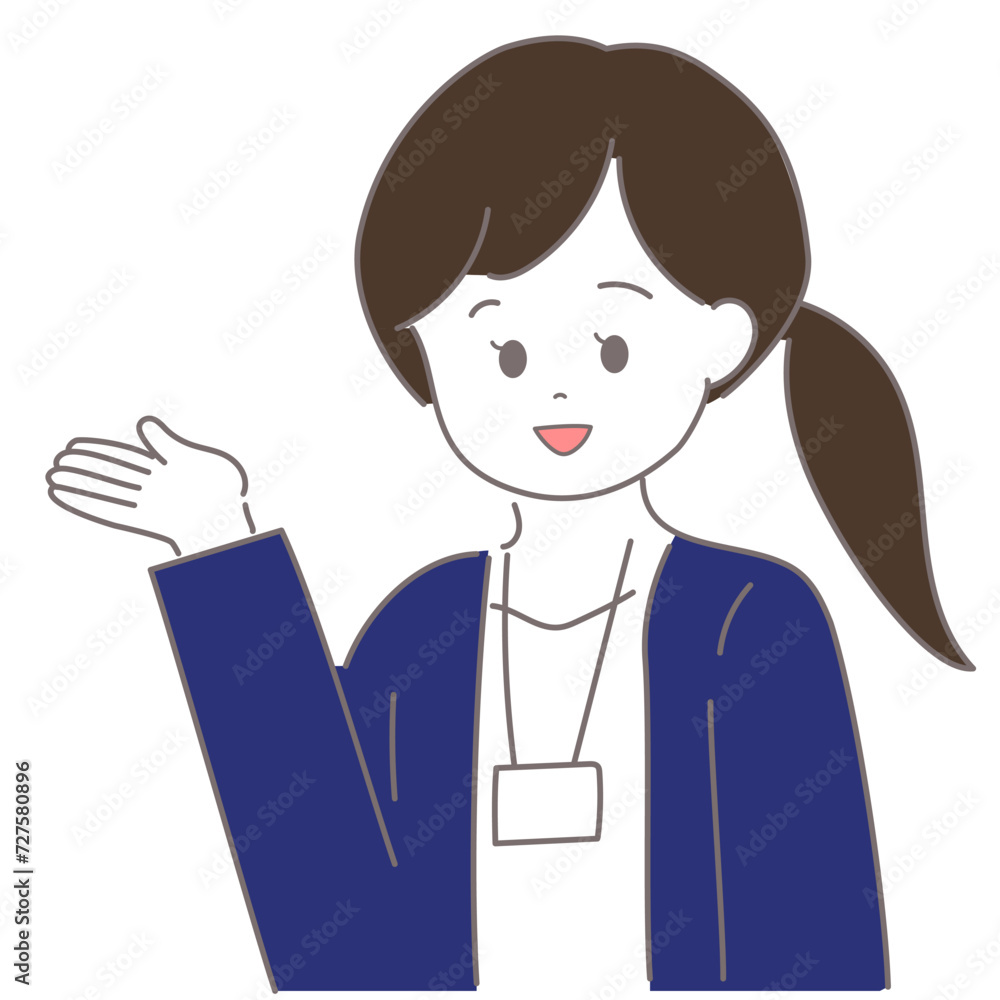 ジャケットの女性が手のひらを上に向けて案内をしているイラスト