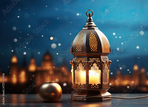 Ramadan background, muslim lantern with candy, in the style of dark sky-blue and dark amber