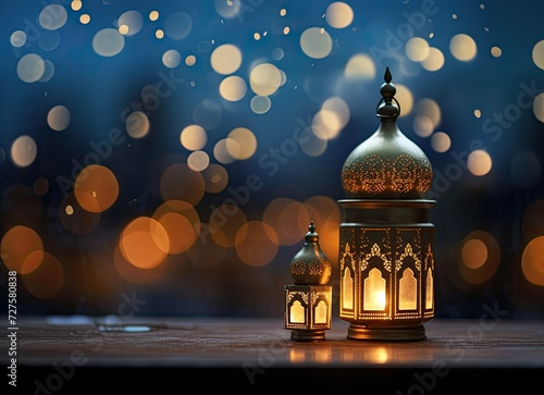 Eid al-fitr background in the style of bokeh, dark amber and blue