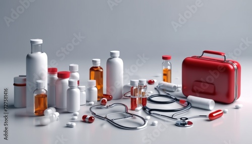A collection of medicines and medical equipment