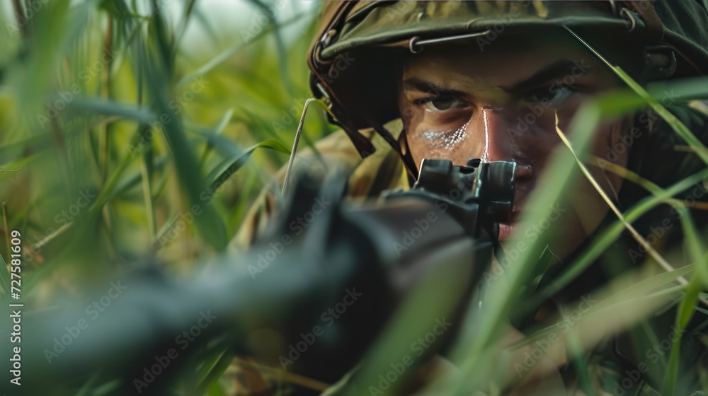 A young soldier in the negative field during the war with Vietnam has a weapon. A young soldier in the negative field during the war with Vietnam has a weapon.