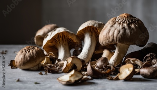 A bunch of mushrooms on a table photo