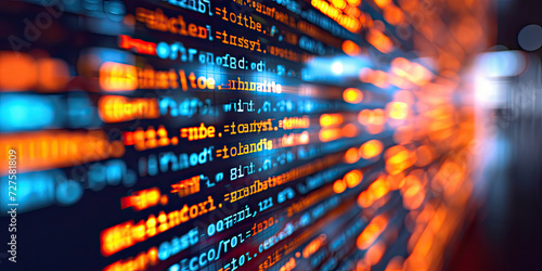 Close up computer screen with Programming code abstract technology background, software developer ,technology, data analysis, finance, and digital information concepts.Computer script photo