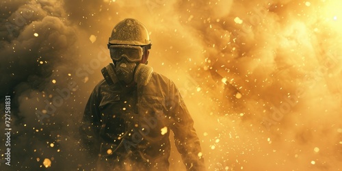 A Skilled Construction Worker, Adorned with a High-Grade Dust Mask, Navigating a Construction Site Amidst a Cloud of Glass Wool Particles. photo