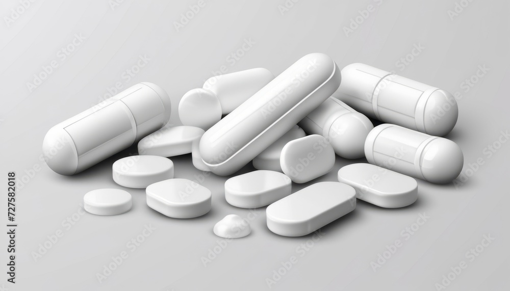 A pile of white pills on a white background A pile of white pills on a white background
