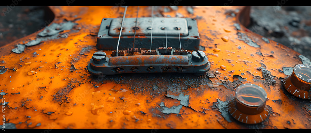 Close Up of Guitar on Rusted Surface - obrazy, fototapety, plakaty 