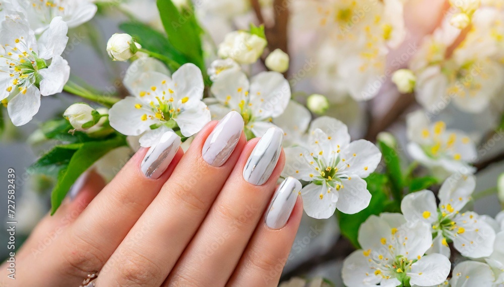 Petals and Polish: Trendy Manicure Amidst White Spring Flowers Petals and Polish: Trendy Manicure Amidst White Spring Flowers