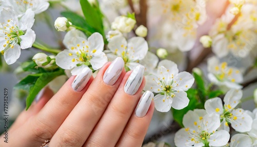 Petals and Polish: Trendy Manicure Amidst White Spring Flowers"