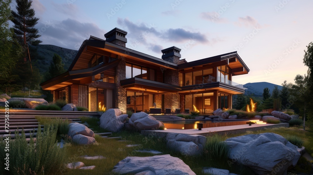 Beautiful mountain house in the evening