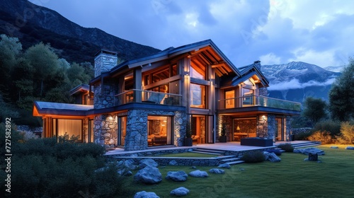 Beautiful mountain house in the evening