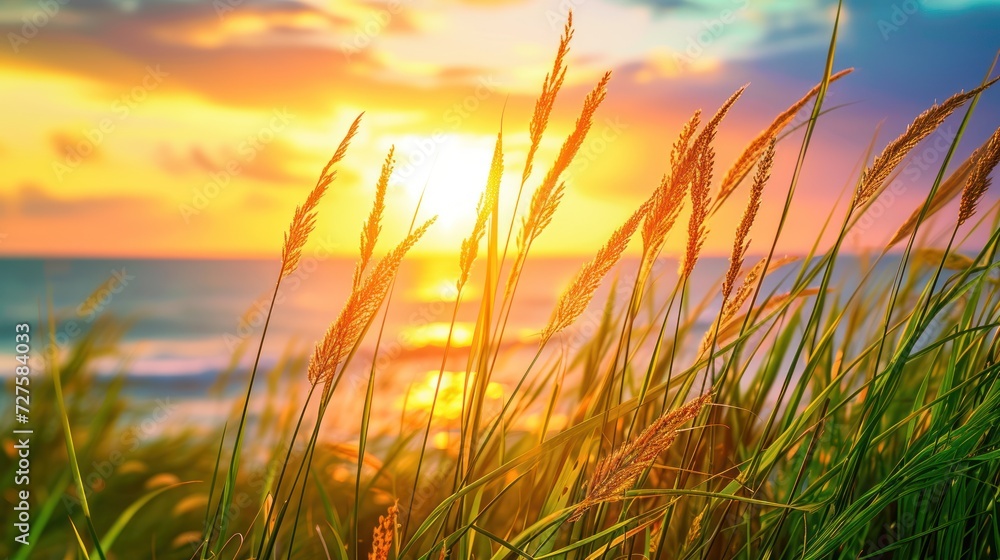 Casual holiday. Sunset at the seaside in a landscape outdoor scene with grass. The wind blows cool. beautiful summer beach