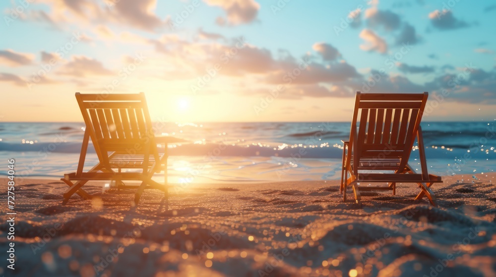 Chairs on the sand at sunrise or sunset - relaxation and rain concept