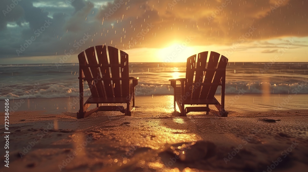 Chairs on the sand at sunrise or sunset - relaxation and rain concept.