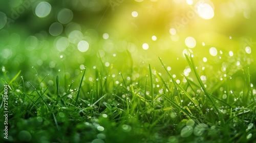 Bright green meadow with water drops, rain falling