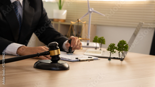 CEO signs documents and has a wooden mallet. for law international environmental concept of business corporate and industry. law world for environmental regulation.sustainable environment concept.
