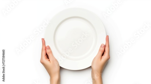 Hands holding a white plate isolated on a white background.
