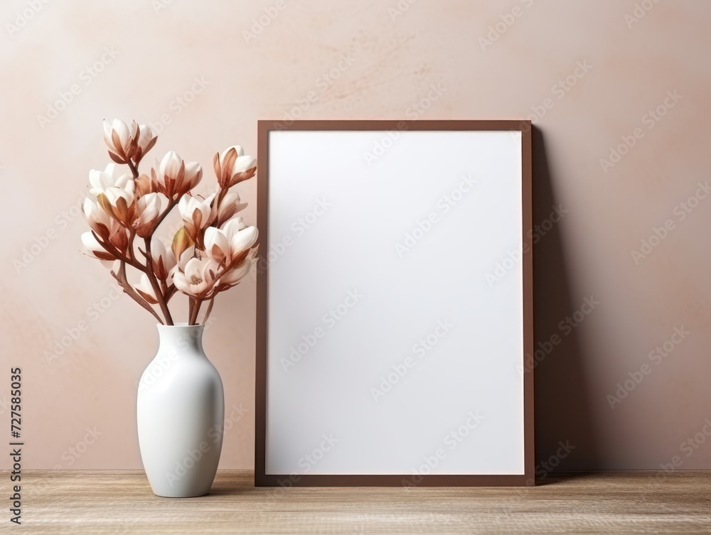 Empty bronze picture frame mockup in minimalist interior with flower vase Empty bronze picture frame mockup in minimalist interior with flower vase