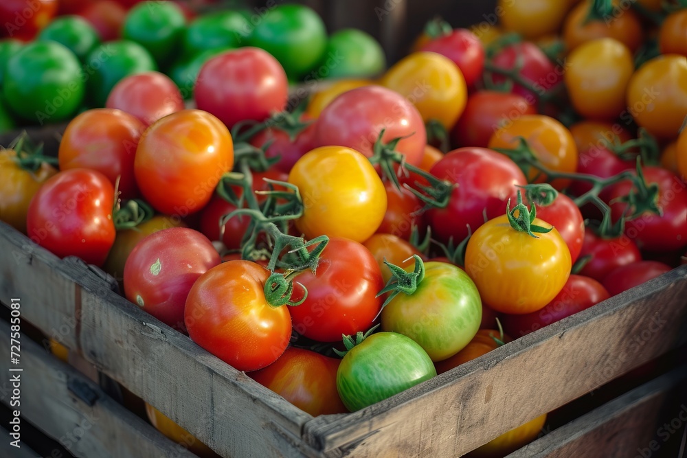 Many ripe red tomatoes in wooden crate on grey table. Many ripe red tomatoes in wooden crate on grey table.