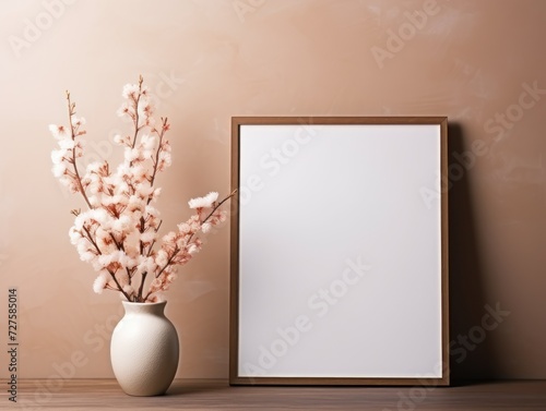 Empty bronze picture frame mockup in minimalist interior with flower vase