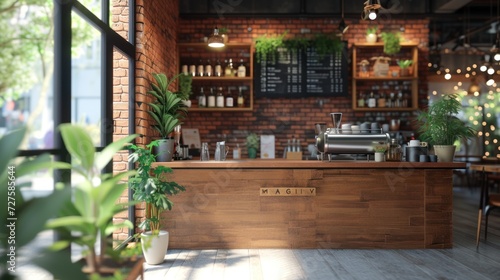Inside an empty coffee shop during the daytime with a wooden design counter, a red brick wall, in the background there are potted plants. Built with Generative AI technology