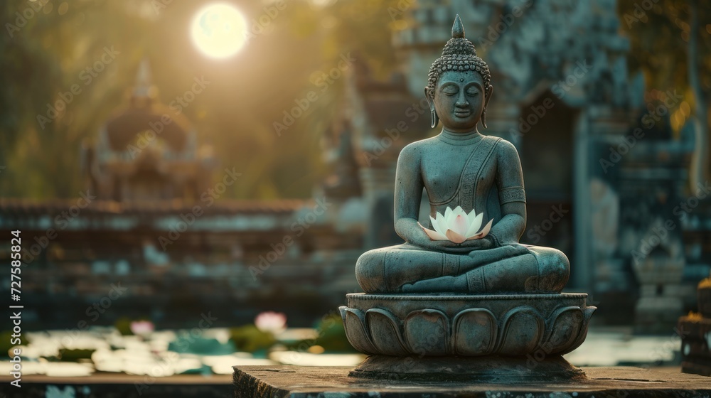 Meditating Buddha statue with lotus in sunlight. Old temple and moon background.