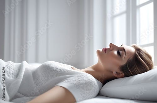 The white room,Attractive young woman sleeping soundly in bed, hugging soft white pillow. Resting girl, concept of a good night's sleep. Lady enjoying fresh soft bedding and mattress in bedroom photo