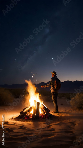 Design a realistic desert landscape with a bonfire flickering under a starry sky