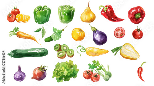 Watercolor painted hand-drawn collection vegetables and fruits. design elements: greenery, leaves, corn, wheat, tomato, potato, leaves, stalks, Broccoli, carrot, pepper, garlic transparent background