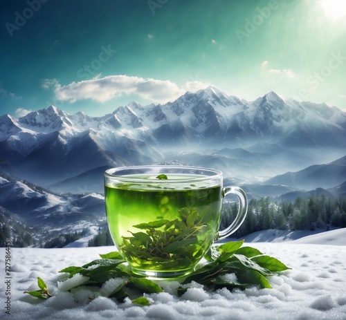 A cup of green tea on the snow with mountains in the background