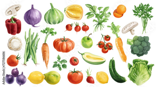 Watercolor painted hand-drawn collection vegetables and fruits. design elements  greenery  leaves  corn  wheat  tomato  potato  leaves  stalks  Broccoli  carrot  pepper  garlic transparent background