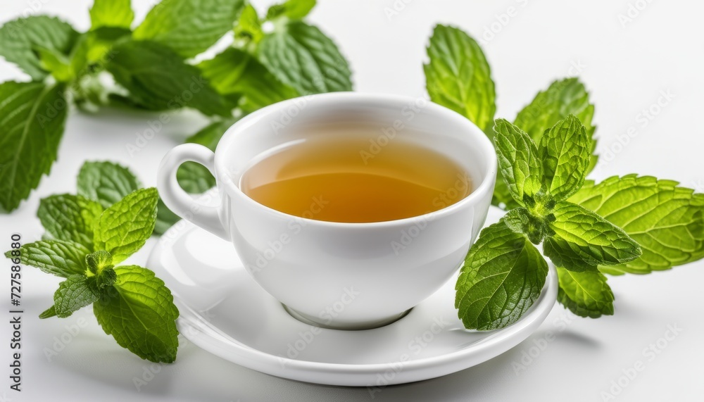 A cup of tea with mint leaves on the side A cup of tea with mint leaves on the side