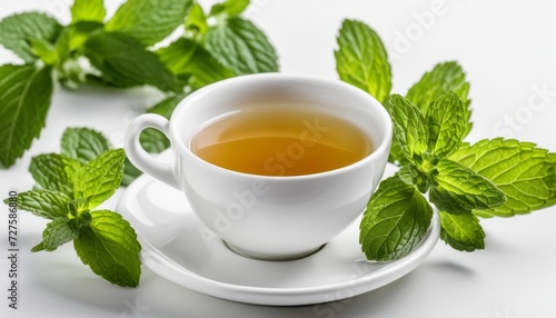 A cup of tea with mint leaves on the side