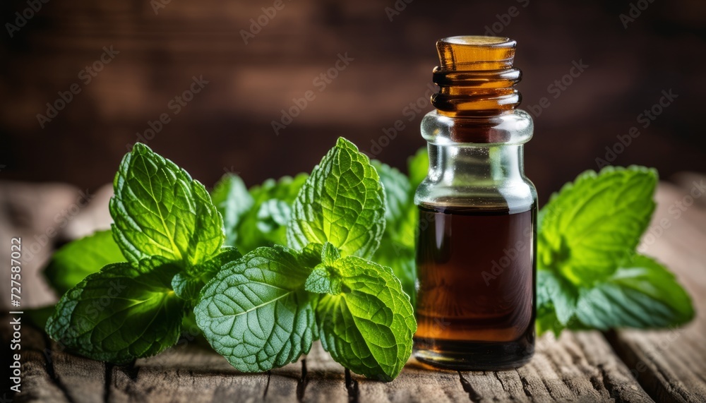 A bottle of mint oil with a green mint leaf on top A bottle of mint oil with a green mint leaf on top