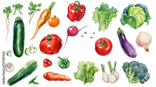Watercolor painted hand-drawn collection vegetables and fruits. design elements: greenery, leaves, corn, wheat, tomato, potato, leaves, stalks, Broccoli, carrot, pepper, garlic transparent background