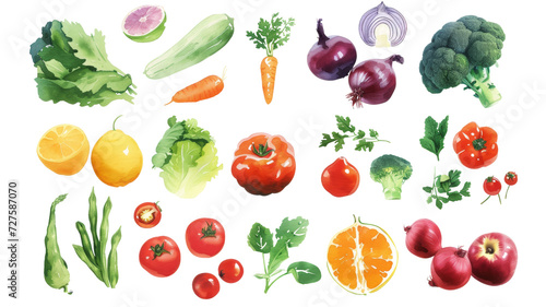 Watercolor painted hand-drawn collection vegetables and fruits. design elements  greenery  leaves  corn  wheat  tomato  potato  leaves  stalks  Broccoli  carrot  pepper  garlic transparent background
