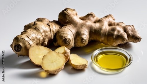 A ginger root and a glass of oil