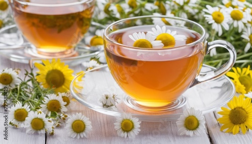 A glass of tea with flowers on a table